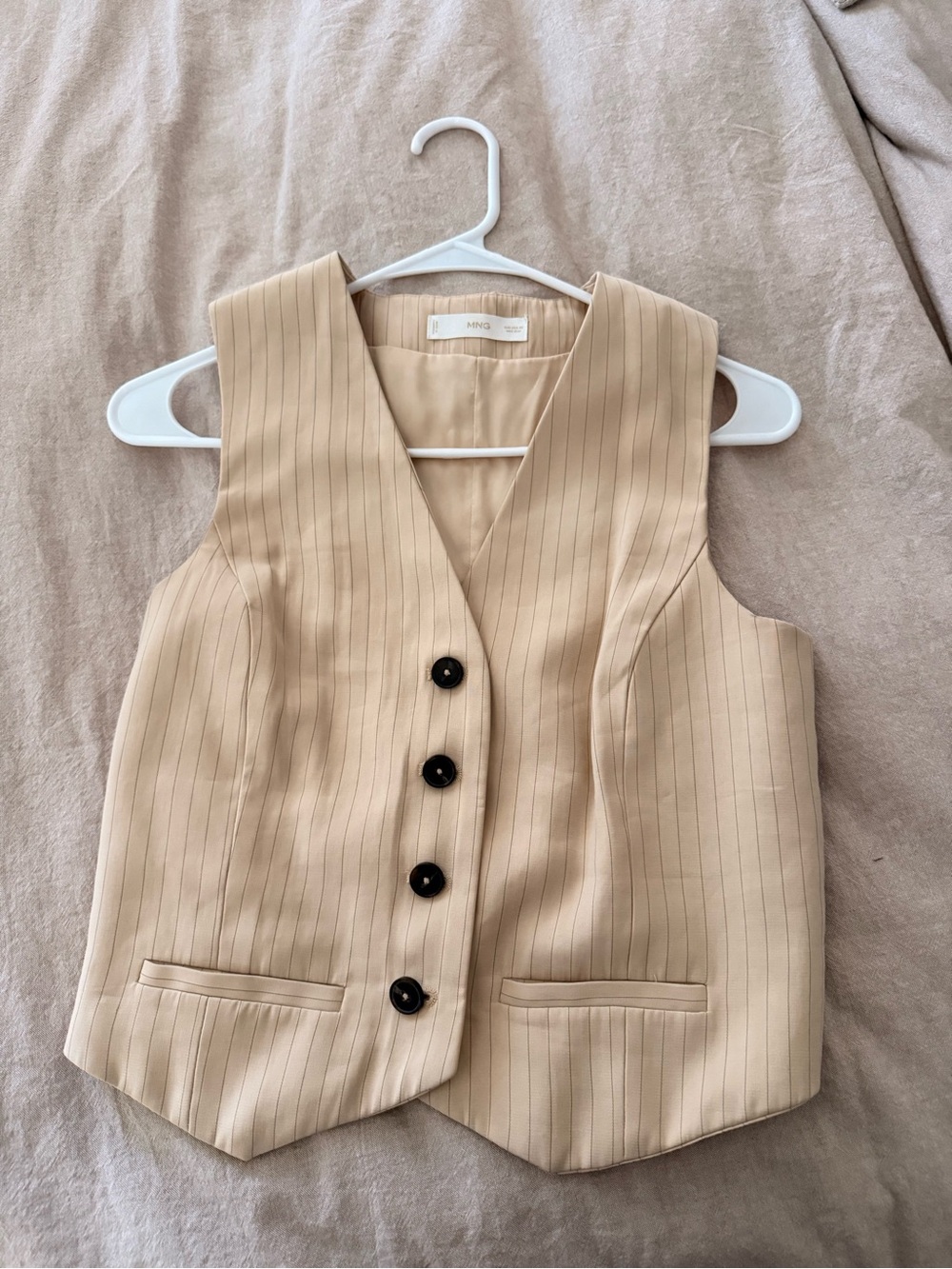 Mango Beige Pinstriped V-Neck Vest